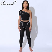 Load image into Gallery viewer, Simenual Sporty Fashion Active Wear Black Fitness Tracksuits One Shoulder 2 Piece Set Women Workout Crop Top And Leggings Sets
