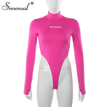 Load image into Gallery viewer, Simenual Sexy Bodycon Letter Print Bodysuits Women Long Sleeve Fashion 2019 Pink Romper One Piece Skinny Hot Turtleneck Bodysuit
