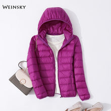 Load image into Gallery viewer, Spring Autumn Women Ultralight Thin Down Jacket White Duck Down Hooded Jackets Warm Winter Coat Parka Female Portable Outwear
