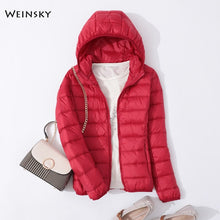 Load image into Gallery viewer, Spring Autumn Women Ultralight Thin Down Jacket White Duck Down Hooded Jackets Warm Winter Coat Parka Female Portable Outwear
