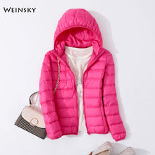 Load image into Gallery viewer, Spring Autumn Women Ultralight Thin Down Jacket White Duck Down Hooded Jackets Warm Winter Coat Parka Female Portable Outwear

