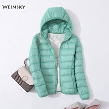 Load image into Gallery viewer, Spring Autumn Women Ultralight Thin Down Jacket White Duck Down Hooded Jackets Warm Winter Coat Parka Female Portable Outwear
