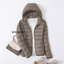 Load image into Gallery viewer, Spring Autumn Women Ultralight Thin Down Jacket White Duck Down Hooded Jackets Warm Winter Coat Parka Female Portable Outwear
