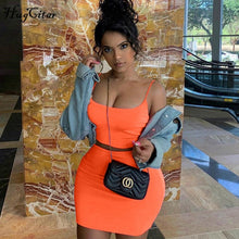 Load image into Gallery viewer, Hugcitar spaghetti straps sexy camis skirt 2 two piece set 2019 summer women fashion neon green orange solid party streetwear
