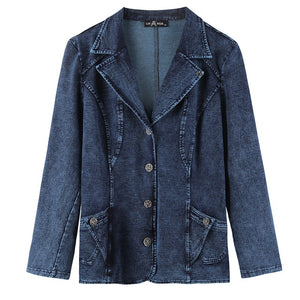 LIH HUA Women's Plus Size Casual Fashion Busine Denim Suit Premium Stretch Knitted Denim Slim Fit Denim Jacket