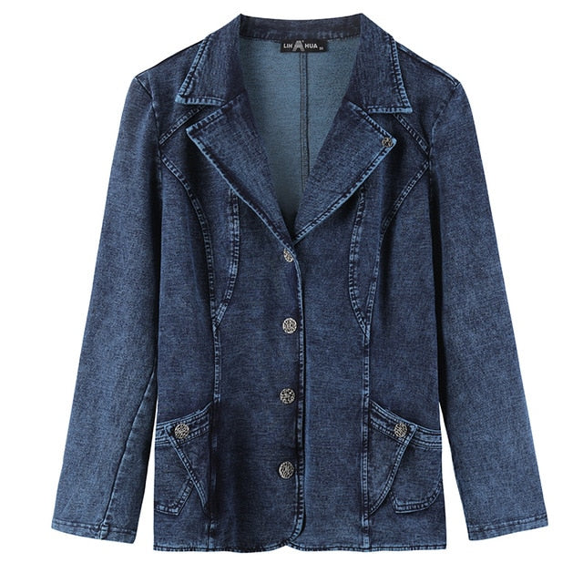 LIH HUA Women's Plus Size Casual Fashion Busine Denim Suit Premium Stretch Knitted Denim Slim Fit Denim Jacket