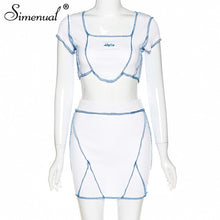 Load image into Gallery viewer, Simenual Casual Letter Embroidery Matching Set Women Short Sleeve Patchwork 2 Piece Outfits Workout Slim Crop Top And Skirt Sets
