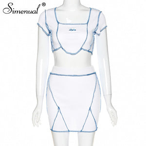 Simenual Casual Letter Embroidery Matching Set Women Short Sleeve Patchwork 2 Piece Outfits Workout Slim Crop Top And Skirt Sets