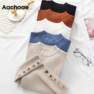 Aachoae Spring Women Long Sleeve Sweater Winter Knitted Turtleneck Casual Cashmere Pullover Metal Buttons Split Cuff Basic Top