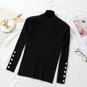 Aachoae Spring Women Long Sleeve Sweater Winter Knitted Turtleneck Casual Cashmere Pullover Metal Buttons Split Cuff Basic Top