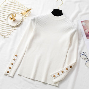 Aachoae Spring Women Long Sleeve Sweater Winter Knitted Turtleneck Casual Cashmere Pullover Metal Buttons Split Cuff Basic Top