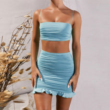 Load image into Gallery viewer, Sexy Women Suits Ruffles Spaghetti Strapless Crop Tops Mini Skirts White Bodycon Sets 2020 Summer Party Outfit Club Female
