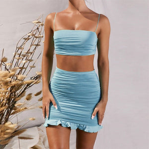 Sexy Women Suits Ruffles Spaghetti Strapless Crop Tops Mini Skirts White Bodycon Sets 2020 Summer Party Outfit Club Female