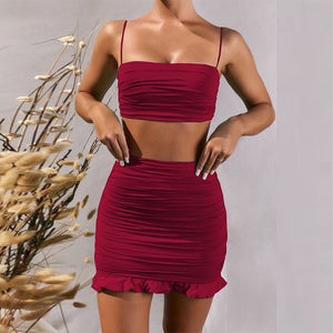 Sexy Women Suits Ruffles Spaghetti Strapless Crop Tops Mini Skirts White Bodycon Sets 2020 Summer Party Outfit Club Female