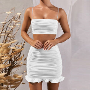 Sexy Women Suits Ruffles Spaghetti Strapless Crop Tops Mini Skirts White Bodycon Sets 2020 Summer Party Outfit Club Female