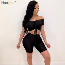 Load image into Gallery viewer, HAOYUAN Sexy Knit Two Piece Set Tracksuit Summer Clother for Women Matching Sets Crop Top Biker Shorts Sweat Suits Club Outfits
