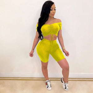 HAOYUAN Sexy Knit Two Piece Set Tracksuit Summer Clother for Women Matching Sets Crop Top Biker Shorts Sweat Suits Club Outfits