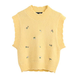 KPYTOMOA Women 2020 Sweet Fashion Floral Embroidery Knitted Vest Sweater Vintage High Neck Sleeveless Female Waistcoat Chic Tops
