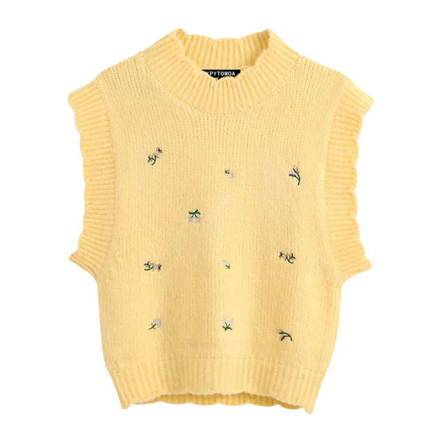 KPYTOMOA Women 2020 Sweet Fashion Floral Embroidery Knitted Vest Sweater Vintage High Neck Sleeveless Female Waistcoat Chic Tops