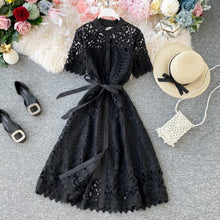 Load image into Gallery viewer, Gagaok Women Office Lady Dress Summer New Solid O-Neck Sashes Empire Hollow Out Midi Slim Sweet Chic Female Fashion Dresses
