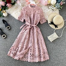 Load image into Gallery viewer, Gagaok Women Office Lady Dress Summer New Solid O-Neck Sashes Empire Hollow Out Midi Slim Sweet Chic Female Fashion Dresses

