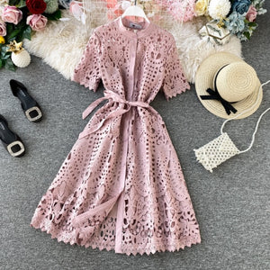 Gagaok Women Office Lady Dress Summer New Solid O-Neck Sashes Empire Hollow Out Midi Slim Sweet Chic Female Fashion Dresses