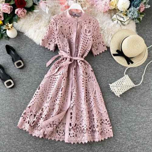 Gagaok Women Office Lady Dress Summer New Solid O-Neck Sashes Empire Hollow Out Midi Slim Sweet Chic Female Fashion Dresses