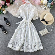 Load image into Gallery viewer, Gagaok Women Office Lady Dress Summer New Solid O-Neck Sashes Empire Hollow Out Midi Slim Sweet Chic Female Fashion Dresses
