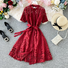 Load image into Gallery viewer, Gagaok Women Office Lady Dress Summer New Solid O-Neck Sashes Empire Hollow Out Midi Slim Sweet Chic Female Fashion Dresses
