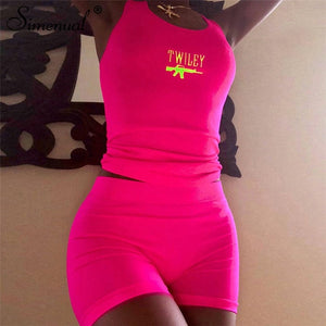 Simenual Letter Embroidery 2 Piece Set Women Casual Neon Color Tracksuits Summer Streetwear Crop Top And Shorts Sets Fashion Hot