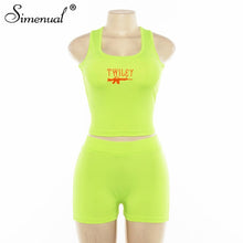 Load image into Gallery viewer, Simenual Letter Embroidery 2 Piece Set Women Casual Neon Color Tracksuits Summer Streetwear Crop Top And Shorts Sets Fashion Hot
