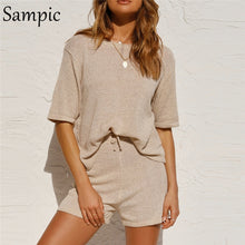 Load image into Gallery viewer, Sampic Summer Beach Casual O Neck Khaki Short Sleeve Two Piece Set Crop Top And Shorts Drawstring 2 Piece Women Set Outfits
