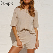 Load image into Gallery viewer, Sampic Summer Beach Casual O Neck Khaki Short Sleeve Two Piece Set Crop Top And Shorts Drawstring 2 Piece Women Set Outfits
