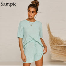 Load image into Gallery viewer, Sampic Summer Beach Casual O Neck Khaki Short Sleeve Two Piece Set Crop Top And Shorts Drawstring 2 Piece Women Set Outfits
