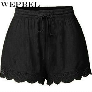 WEPBEL Women Summer Solid Color Sexy Beach Trim Short Pants Ladies Pajamas Loose Bottom Elastic Waist Lace Up Lace Shorts