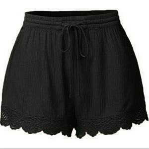 WEPBEL Women Summer Solid Color Sexy Beach Trim Short Pants Ladies Pajamas Loose Bottom Elastic Waist Lace Up Lace Shorts