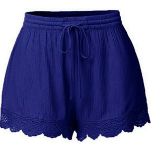 WEPBEL Women Summer Solid Color Sexy Beach Trim Short Pants Ladies Pajamas Loose Bottom Elastic Waist Lace Up Lace Shorts