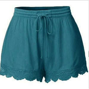 WEPBEL Women Summer Solid Color Sexy Beach Trim Short Pants Ladies Pajamas Loose Bottom Elastic Waist Lace Up Lace Shorts