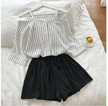 Load image into Gallery viewer, 2020 new fashion women&#39;s two piece set Fresh striped off-the-shoulder loose blosue top + elastic waist shorts suit

