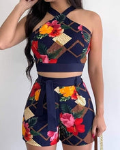 Load image into Gallery viewer, Halter Sleeveless Print Cropped Top &amp; Shorts Sets
