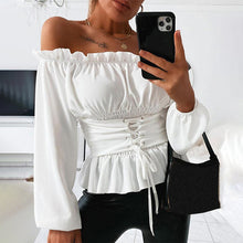 Load image into Gallery viewer, Sexy Slash Neck Ruffle Women&#39;s Blouse Long Lantern Sleeve Letter Printed Blouses Female 2020 Summer Lace Up Fashion Clothes
