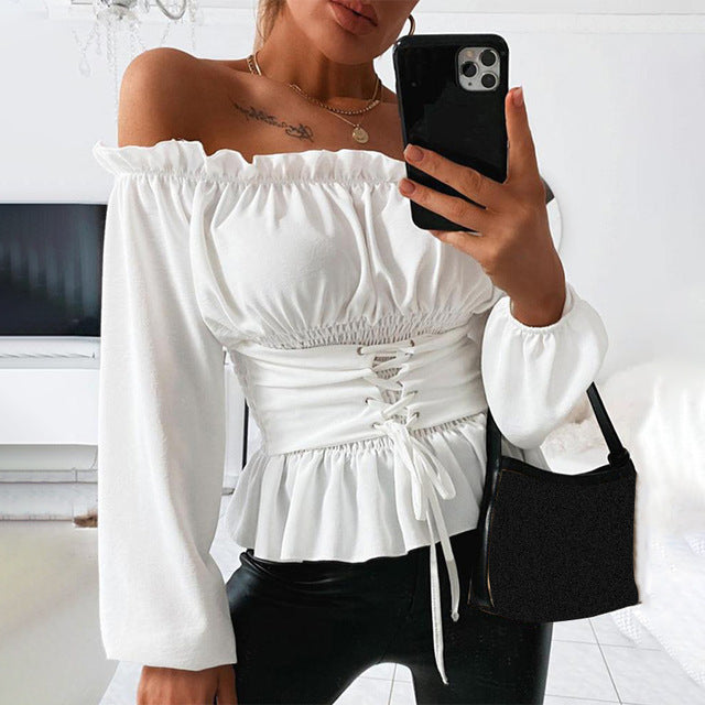 Sexy Slash Neck Ruffle Women's Blouse Long Lantern Sleeve Letter Printed Blouses Female 2020 Summer Lace Up Fashion Clothes
