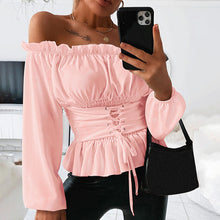 Load image into Gallery viewer, Sexy Slash Neck Ruffle Women&#39;s Blouse Long Lantern Sleeve Letter Printed Blouses Female 2020 Summer Lace Up Fashion Clothes
