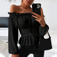 Load image into Gallery viewer, Sexy Slash Neck Ruffle Women&#39;s Blouse Long Lantern Sleeve Letter Printed Blouses Female 2020 Summer Lace Up Fashion Clothes
