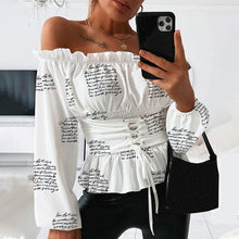 Load image into Gallery viewer, Sexy Slash Neck Ruffle Women&#39;s Blouse Long Lantern Sleeve Letter Printed Blouses Female 2020 Summer Lace Up Fashion Clothes
