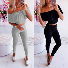 Load image into Gallery viewer, Streetwear 2 Piece Outfits for Women Sexy Off Shoulder Short Sleeve Strapless Solid Color Short Top+Elastic Waist Pencil Pants
