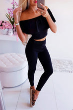 Load image into Gallery viewer, Streetwear 2 Piece Outfits for Women Sexy Off Shoulder Short Sleeve Strapless Solid Color Short Top+Elastic Waist Pencil Pants
