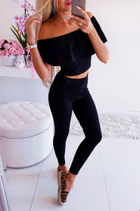 Streetwear 2 Piece Outfits for Women Sexy Off Shoulder Short Sleeve Strapless Solid Color Short Top+Elastic Waist Pencil Pants