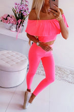 Load image into Gallery viewer, Streetwear 2 Piece Outfits for Women Sexy Off Shoulder Short Sleeve Strapless Solid Color Short Top+Elastic Waist Pencil Pants
