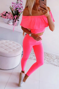 Streetwear 2 Piece Outfits for Women Sexy Off Shoulder Short Sleeve Strapless Solid Color Short Top+Elastic Waist Pencil Pants